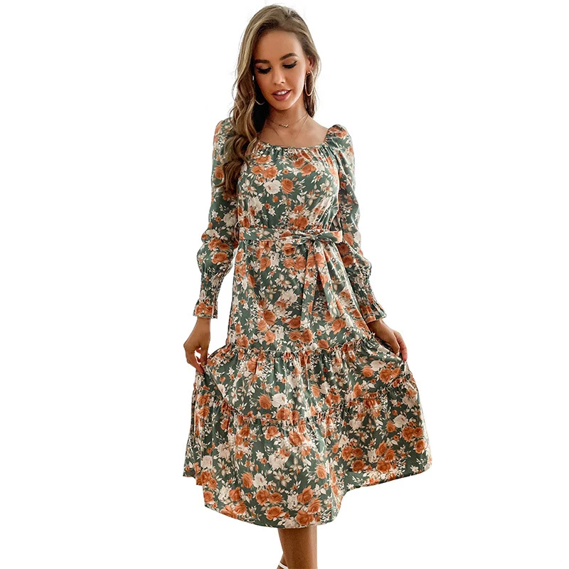 Damen Midikleid mit quadratischem Ausschnitt, Puffärmeln und Taillenschnürung Nord Taschen