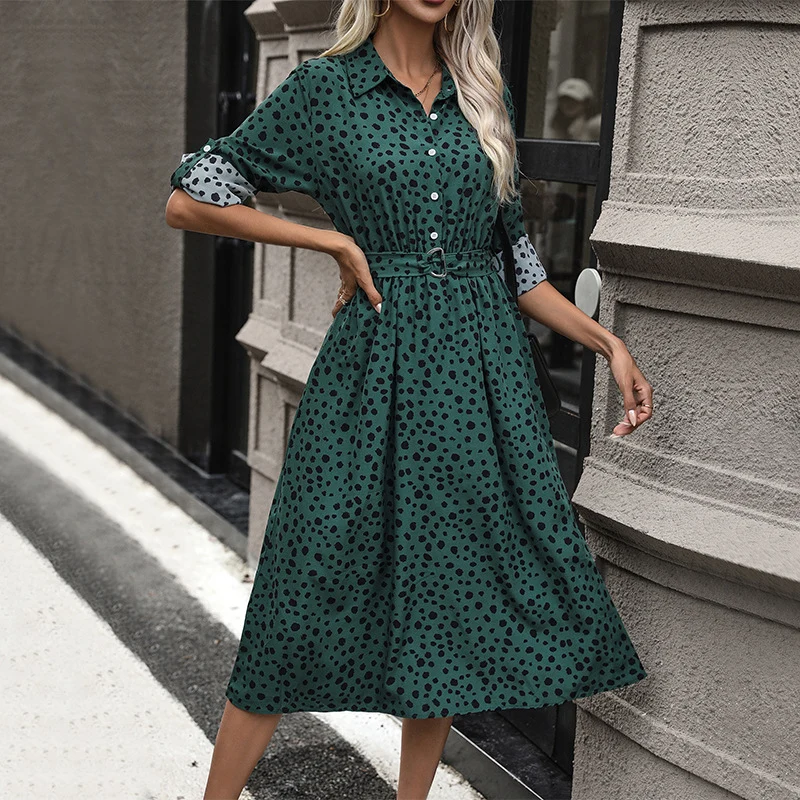 Damen Midikleid mit Hemdblusen-Design, tailliertem Gürtel & verspieltem Tupfenmuster Nord Taschen