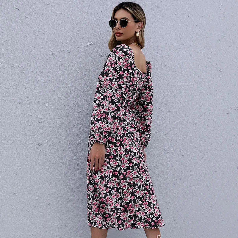 Damen Midikleid mit floralem Stufenrock, gerafftem Ausschnitt & Taillenzug Nord Taschen