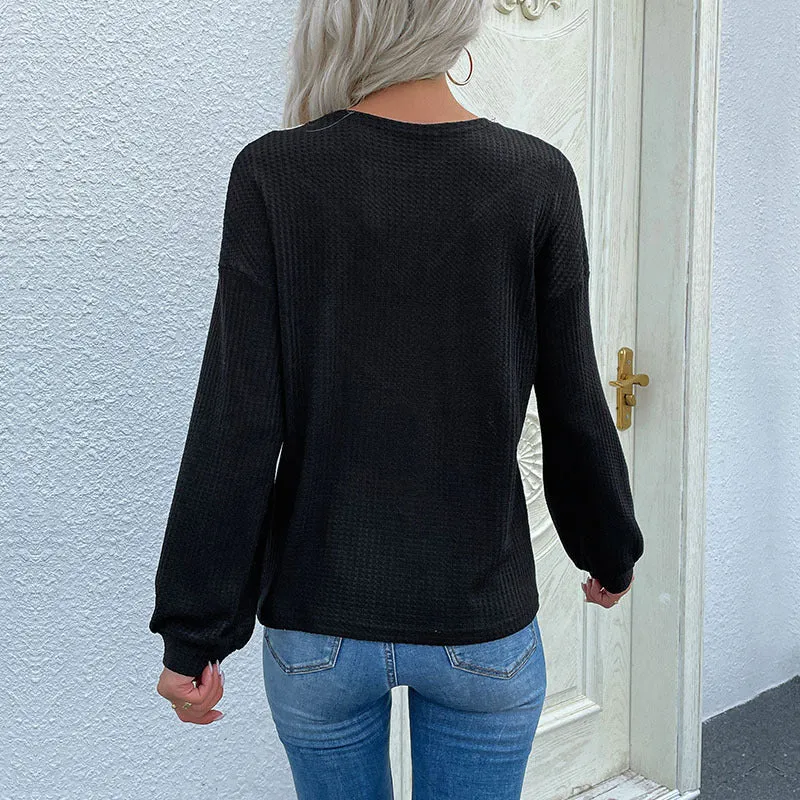 Damen Waffelstrick-Longsleeve mit Spitzen‑Yoke und V‑Einsatz Nord Taschen
