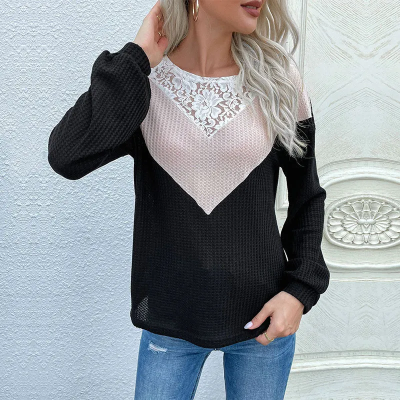 Damen Waffelstrick-Longsleeve mit Spitzen‑Yoke und V‑Einsatz Nord Taschen