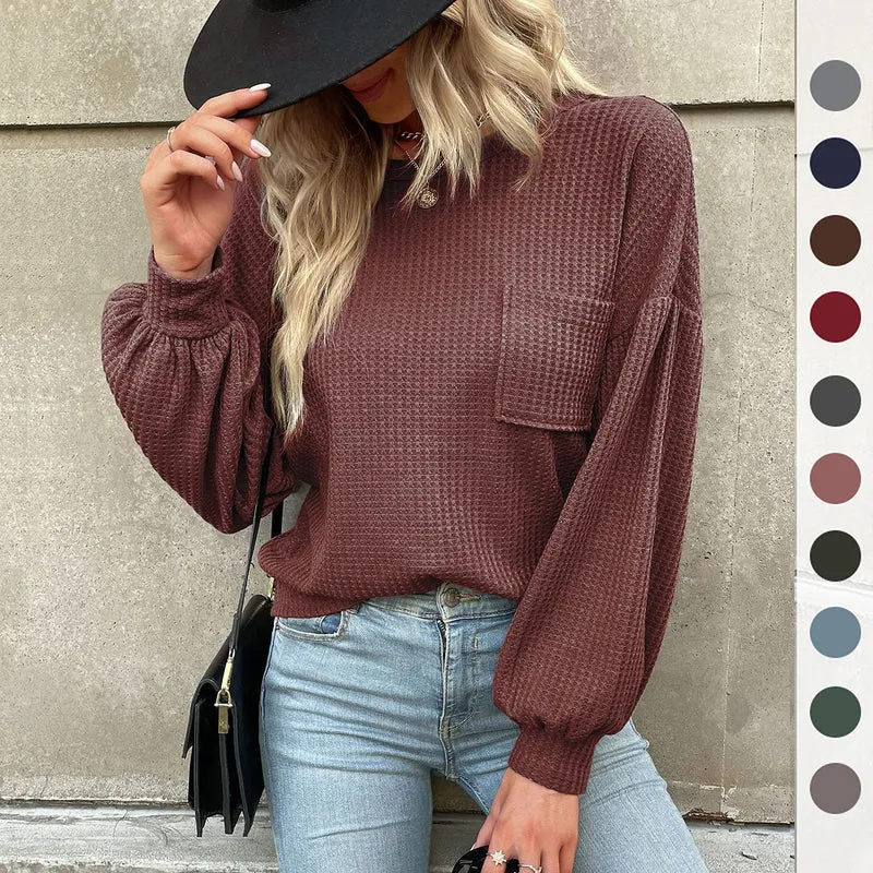 Damen Waffelstrick-Longsleeve mit Ballonärmeln, Brusttasche und weitem Saum Nord Taschen