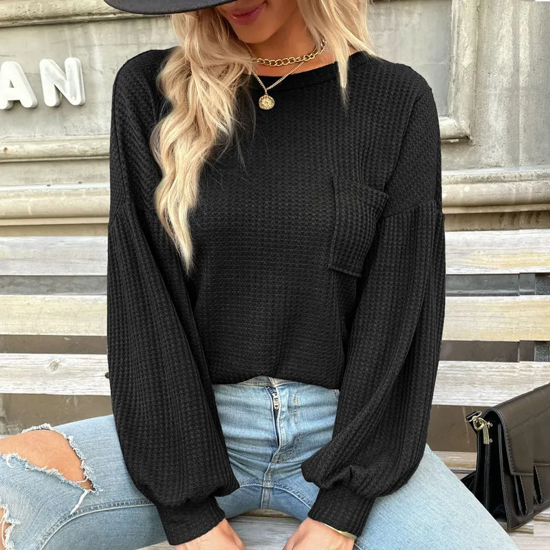 Damen Waffelstrick-Longsleeve mit Ballonärmeln, Brusttasche und weitem Saum Nord Taschen