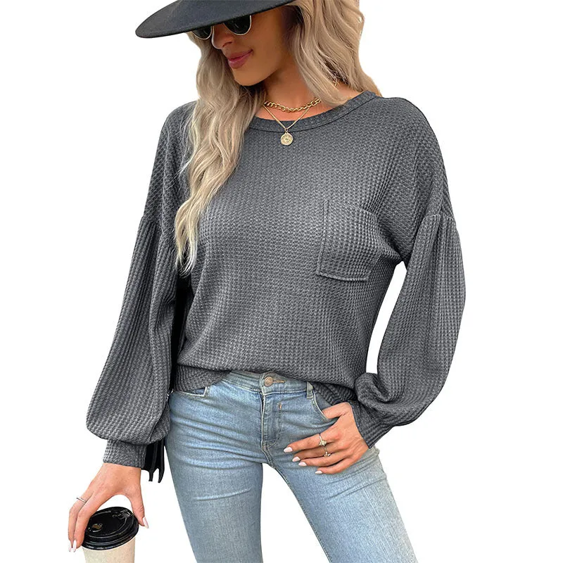 Damen Waffelstrick-Longsleeve mit Ballonärmeln, Brusttasche und weitem Saum Nord Taschen