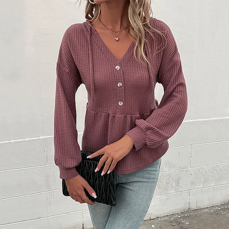 Damen Waffelstrick-Hoodie-Bluse mit V-Ausschnitt, Knopfleiste und geraffter Taillenpasse Nord Taschen