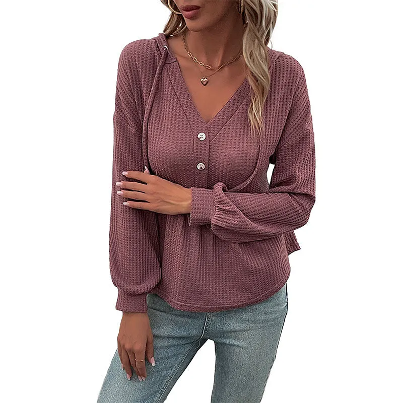 Damen Waffelstrick-Hoodie-Bluse mit V-Ausschnitt, Knopfleiste und geraffter Taillenpasse Nord Taschen