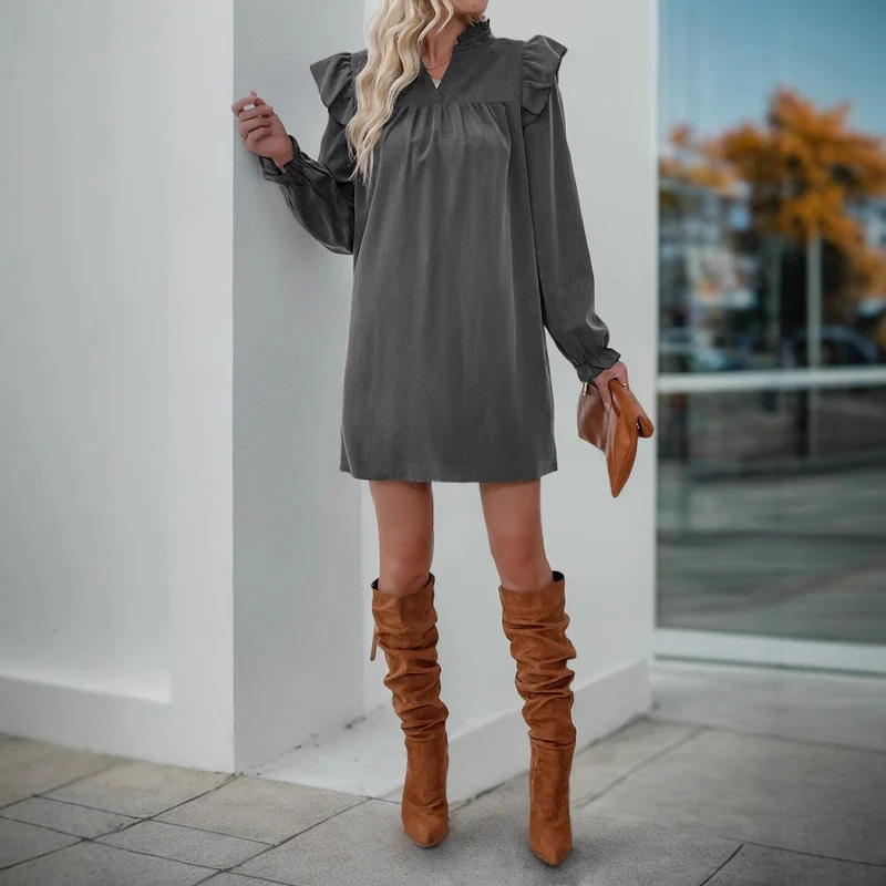 Damen Volant-Hemdkleid mit geraffter Passe, Stehkragen und elastischen Manschetten Nord Taschen