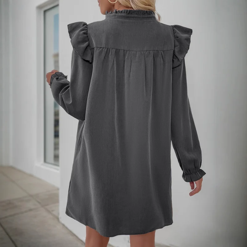 Damen Volant-Hemdkleid mit geraffter Passe, Stehkragen und elastischen Manschetten Nord Taschen