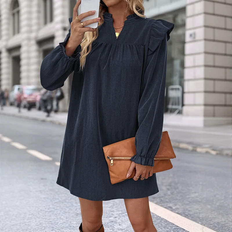 Damen Volant-Hemdkleid mit geraffter Passe, Stehkragen und elastischen Manschetten Nord Taschen