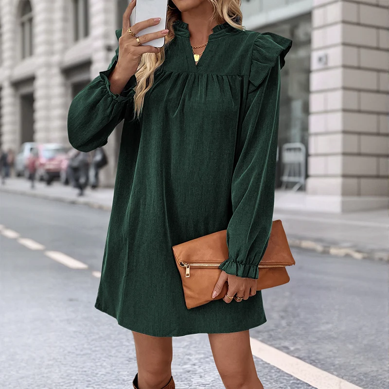 Damen Volant-Hemdkleid mit geraffter Passe, Stehkragen und elastischen Manschetten Nord Taschen