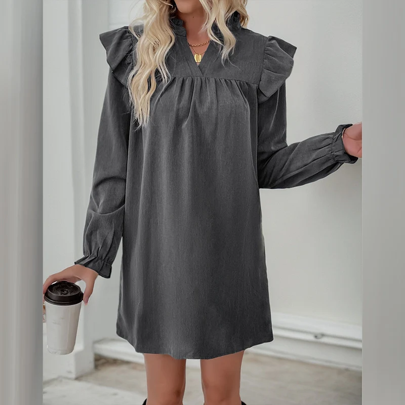 Damen Volant-Hemdkleid mit geraffter Passe, Stehkragen und elastischen Manschetten Nord Taschen