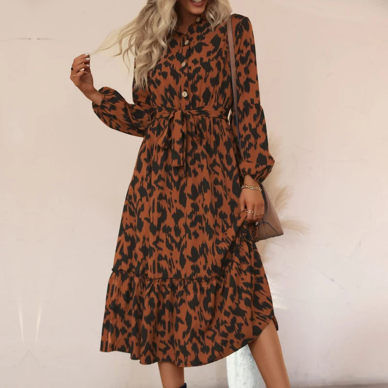 Damen Viskose-Midikleid mit Leoparden-Print, verdeckter Knopfleiste, Taillenband und Stufenvolant Nord Taschen