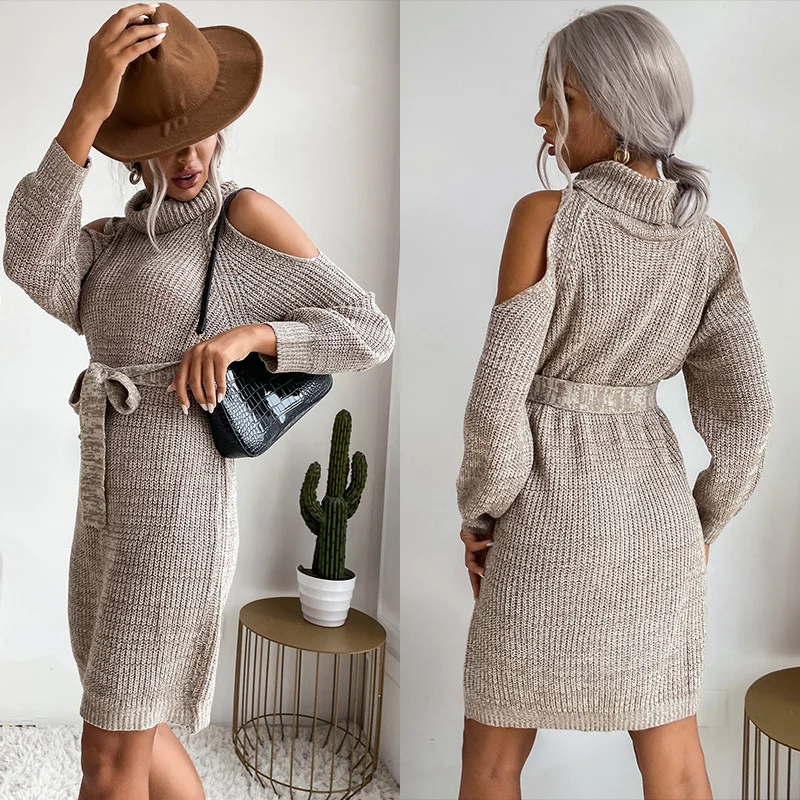 Damen Strick-Tunikakleid mit Rollkragen, Cut-Out-Schultern und Bindegürtel Nord Taschen