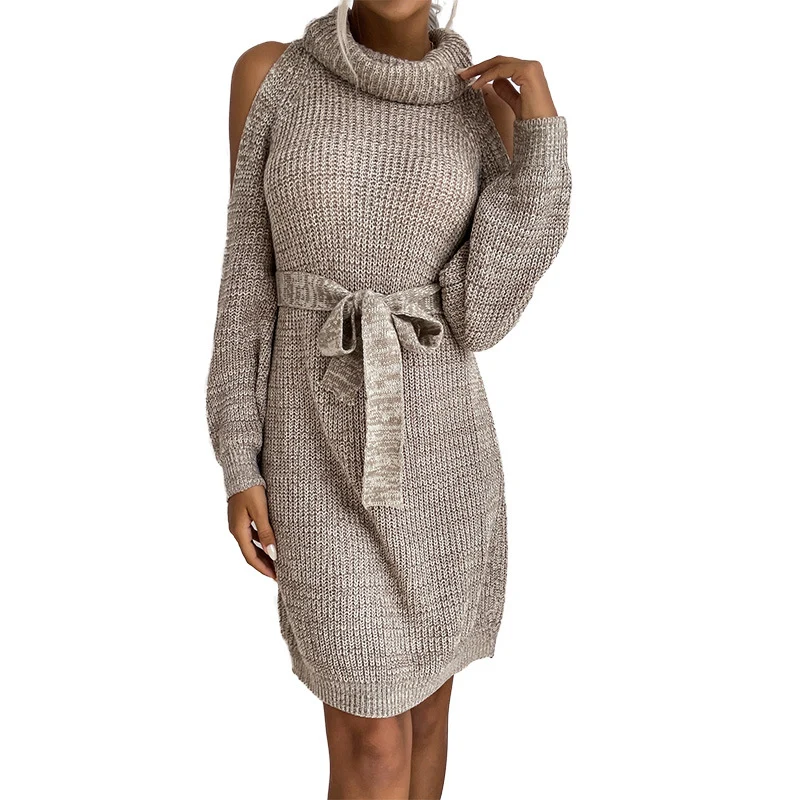 Damen Strick-Tunikakleid mit Rollkragen, Cut-Out-Schultern und Bindegürtel Nord Taschen