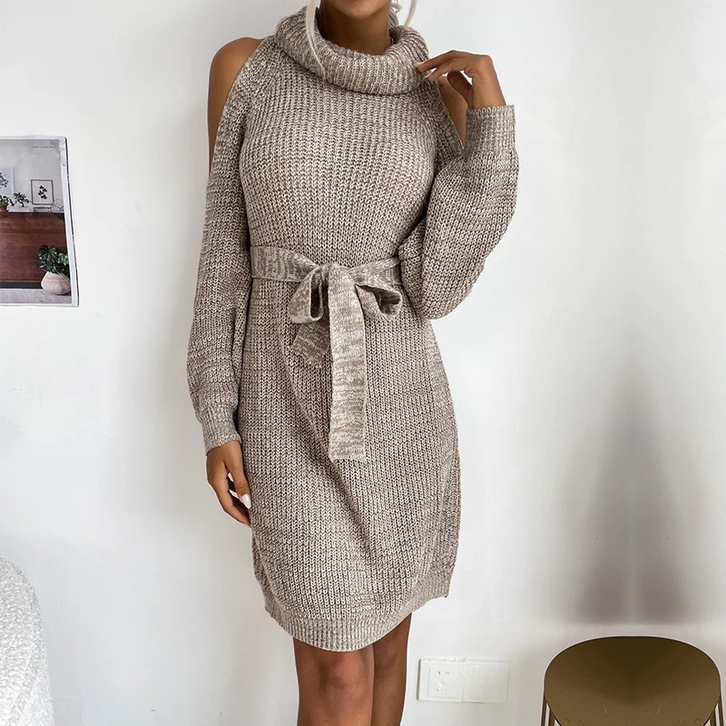Damen Strick-Tunikakleid mit Rollkragen, Cut-Out-Schultern und Bindegürtel Nord Taschen