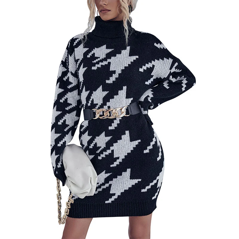 Damen Strick-Minikleid mit Hahnentritt-Jacquard, Rollkragen und taillenbetonter Gürteloptik Nord Taschen