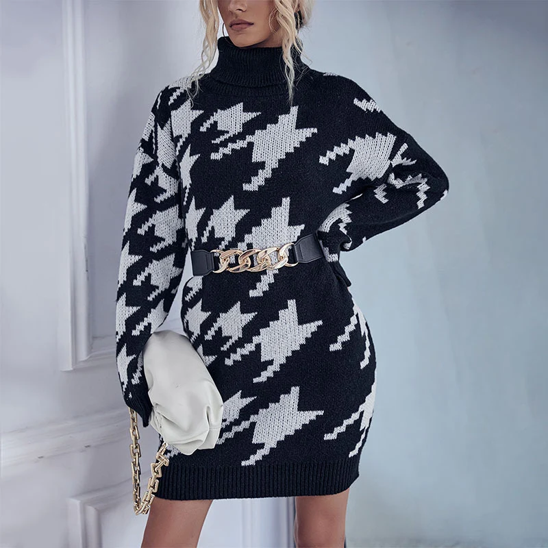 Damen Strick-Minikleid mit Hahnentritt-Jacquard, Rollkragen und taillenbetonter Gürteloptik Nord Taschen
