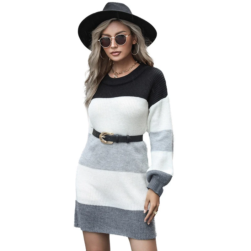 Damen Strick‑Minikleid mit Blockstreifen, Oversize‑Ärmeln und figurformendem Taillengürtel Nord Taschen