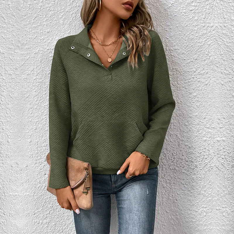 Damen Steppstrukturiertes Sweatshirt mit Druckknopfkragen, V‑Ausschnitt und Kängurutasche Nord Taschen