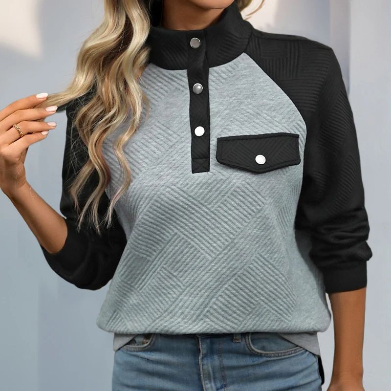 Damen Steppstruktur-Sweatshirt mit Raglanärmeln, Druckknopf-Leiste und Brustpatte Nord Taschen