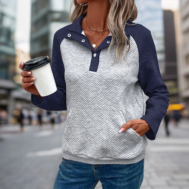 Damen Stepp-Sweatshirt mit Henley-Knopfleiste, Kängurutasche und kontrastierenden Raglanärmeln Nord Taschen