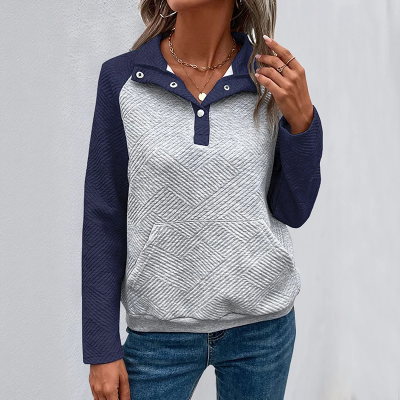 Damen Stepp-Sweatshirt mit Henley-Knopfleiste, Kängurutasche und kontrastierenden Raglanärmeln Nord Taschen