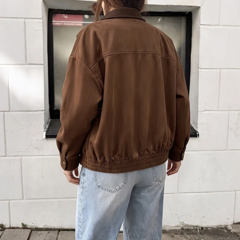 Damen Kurzjacke aus Wildlederimitat mit Cordkragen, Reißverschluss & Pattentaschen Nord Taschen