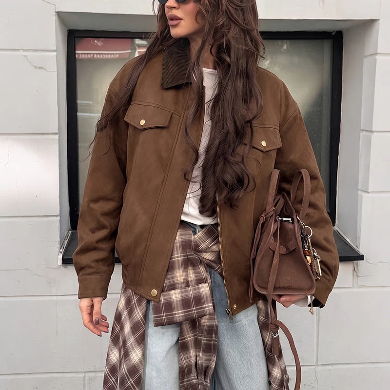 Damen Kurzjacke aus Wildlederimitat mit Cordkragen, Reißverschluss & Pattentaschen Nord Taschen