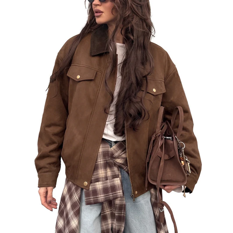 Damen Kurzjacke aus Wildlederimitat mit Cordkragen, Reißverschluss & Pattentaschen Nord Taschen