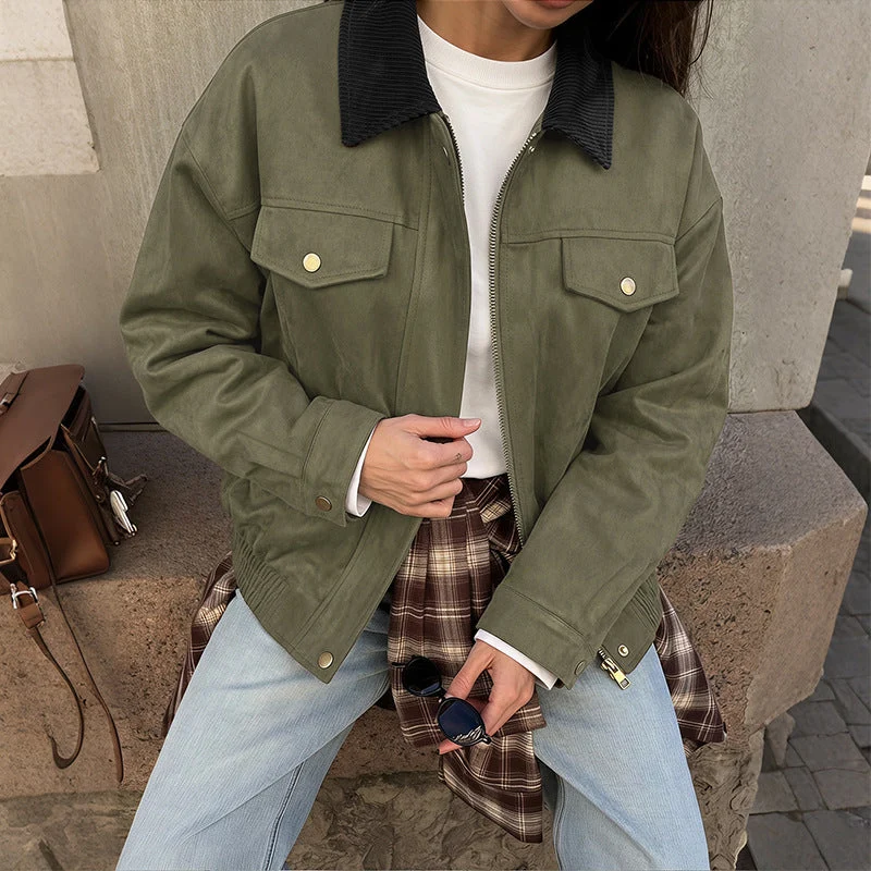 Damen Kurzjacke aus Wildlederimitat mit Cordkragen, Reißverschluss & Pattentaschen Nord Taschen