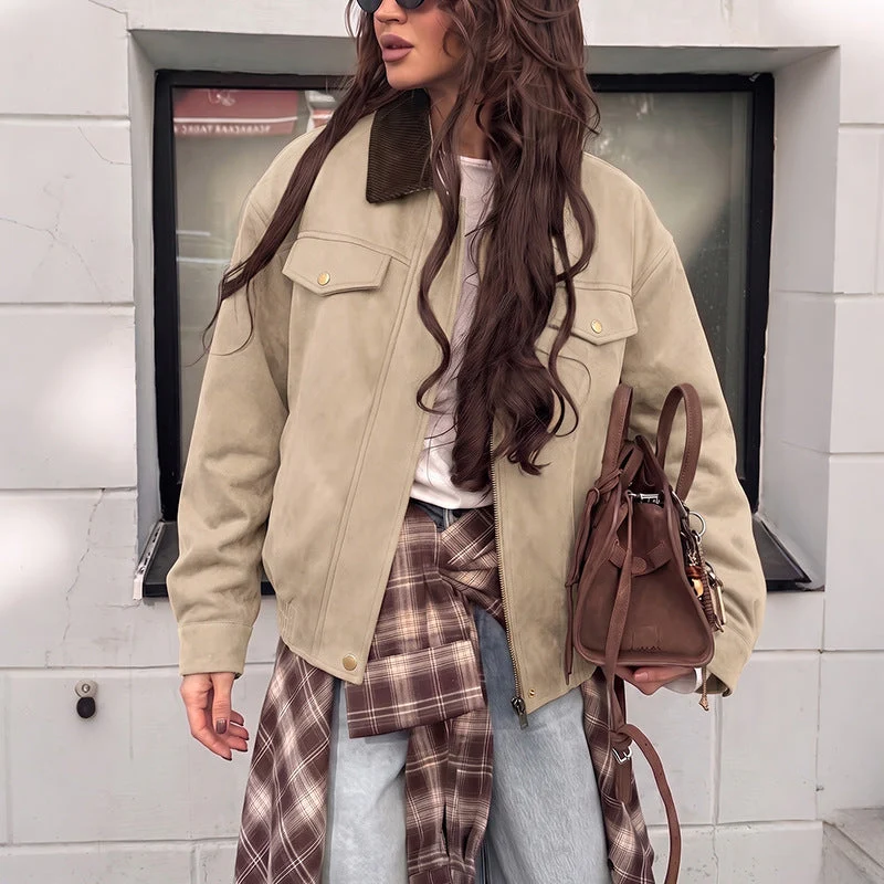 Damen Kurzjacke aus Wildlederimitat mit Cordkragen, Reißverschluss & Pattentaschen Nord Taschen