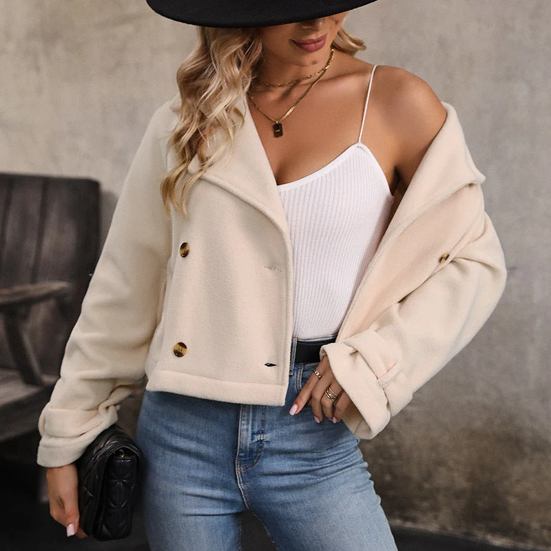 Damen Kurzjacke Doppelreihig Wollmix mit Reverskragen und Krempelärmeln Nord Taschen