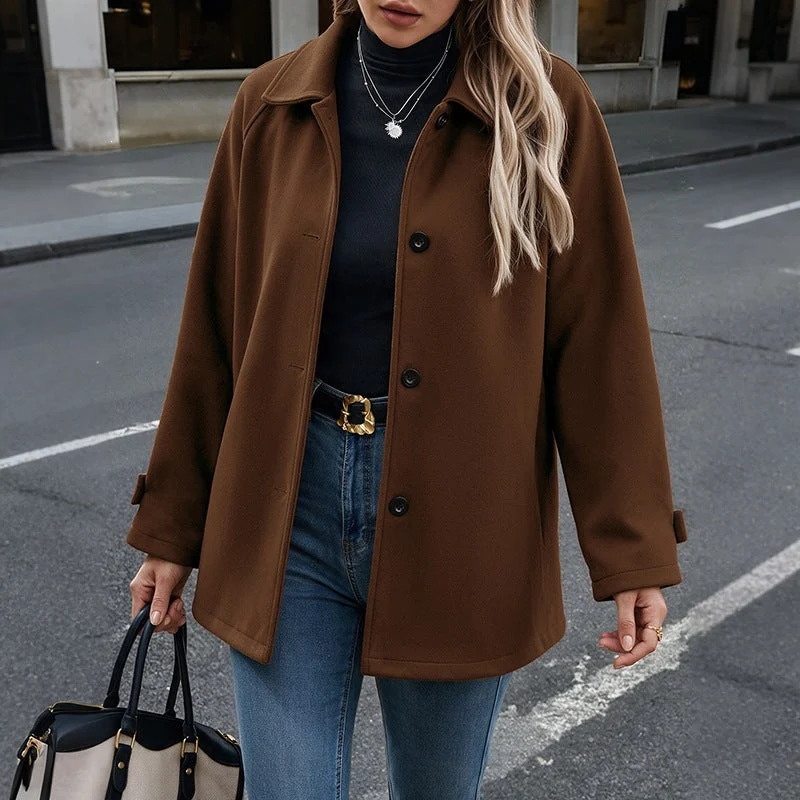 Damen Kurzmantel aus Wollmix mit Hemdkragen und geradem Schnitt Nord Taschen