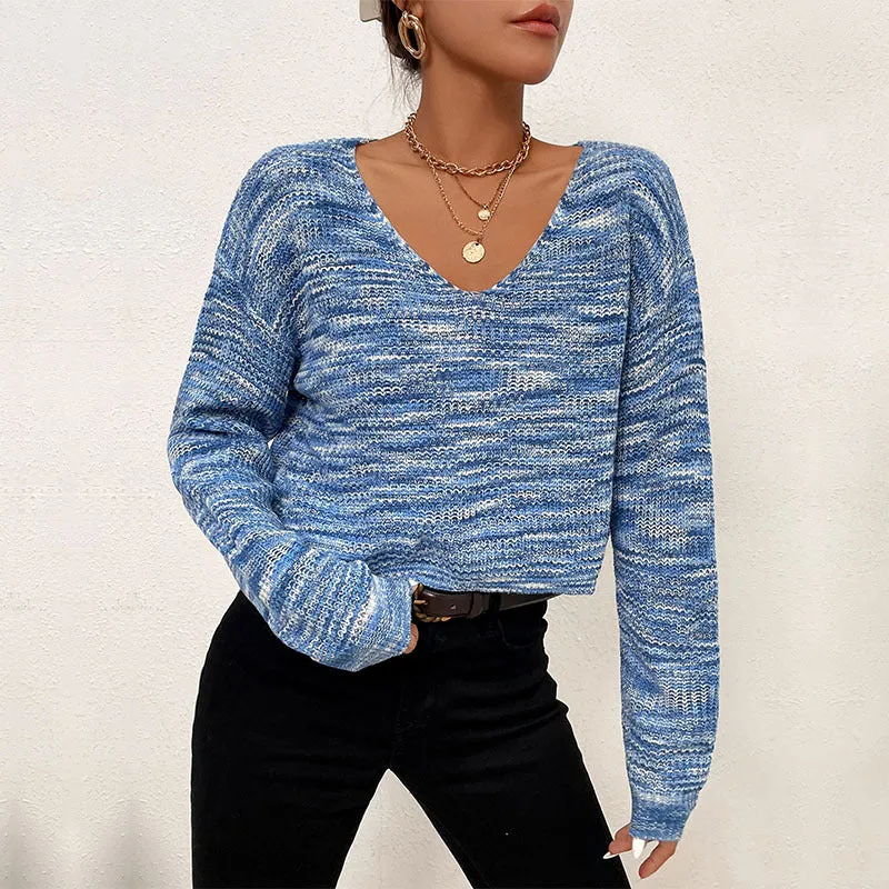 Damen Kurzschnitt Off-Shoulder Strickpullover mit melierter Ajourstruktur Nord Taschen