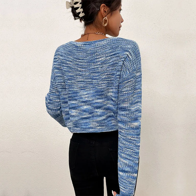 Damen Kurzschnitt Off-Shoulder Strickpullover mit melierter Ajourstruktur Nord Taschen