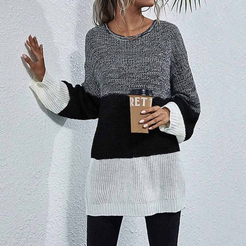 Damen Oversize Strickpullover mit Colorblock‑Einsätzen, Rundhals und Tunika‑Silhouette Nord Taschen