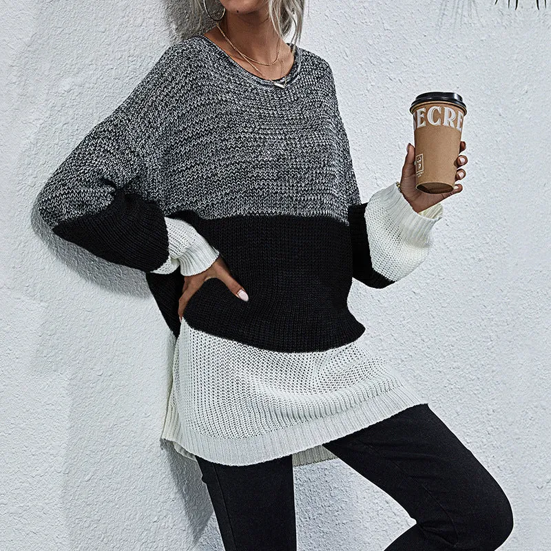 Damen Oversize Strickpullover mit Colorblock‑Einsätzen, Rundhals und Tunika‑Silhouette Nord Taschen