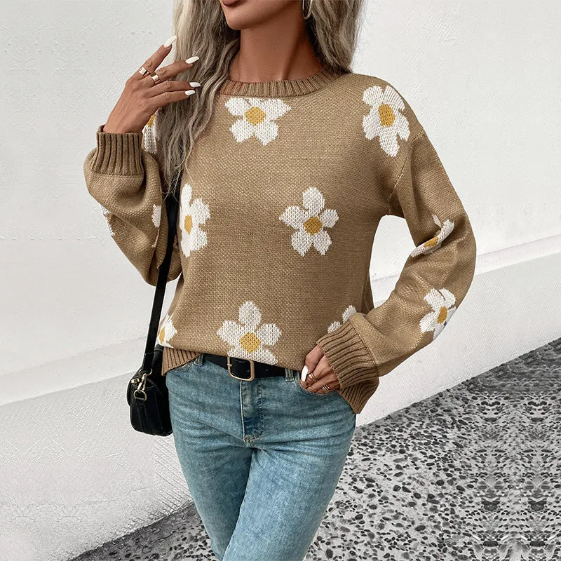 Damen Oversize-Strickpullover mit Blumenjacquard, Rundhalsausschnitt und Ballonärmeln Nord Taschen