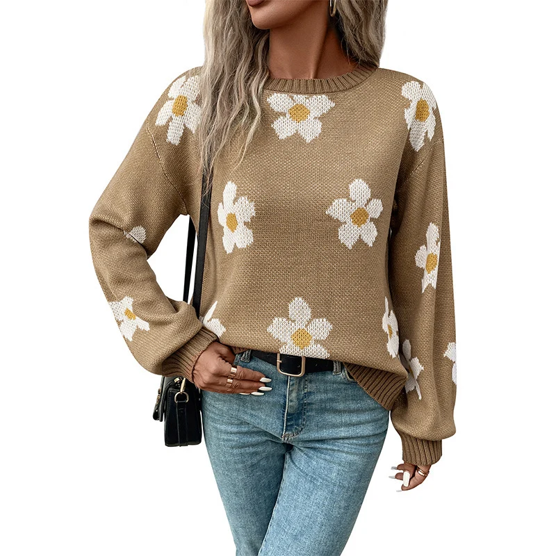 Damen Oversize-Strickpullover mit Blumenjacquard, Rundhalsausschnitt und Ballonärmeln Nord Taschen