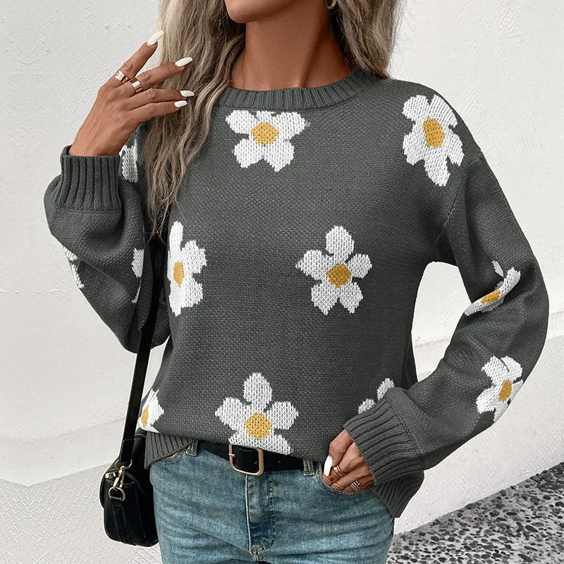 Damen Oversize-Strickpullover mit Blumenjacquard, Rundhalsausschnitt und Ballonärmeln Nord Taschen