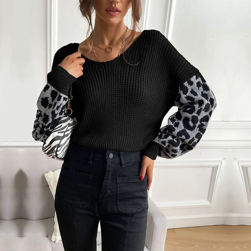 Damen Oversize Strickpullover mit Balloonärmeln und Animal-Jacquard Nord Taschen