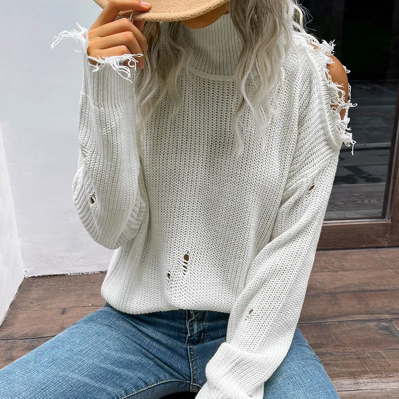 Damen Oversize Strickpullover im Destroyed-Look mit Rollkragen und Cut-Out-Schultern Nord Taschen