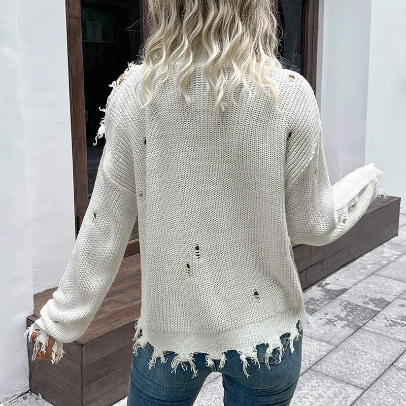 Damen Oversize Strickpullover im Destroyed-Look mit Rollkragen und Cut-Out-Schultern Nord Taschen