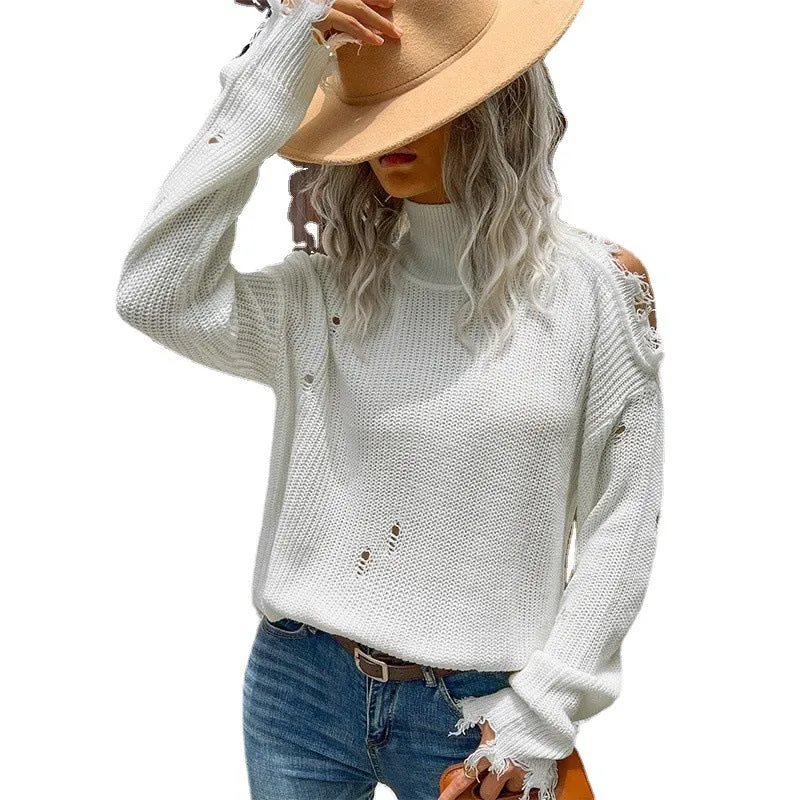 Damen Oversize Strickpullover im Destroyed-Look mit Rollkragen und Cut-Out-Schultern Nord Taschen