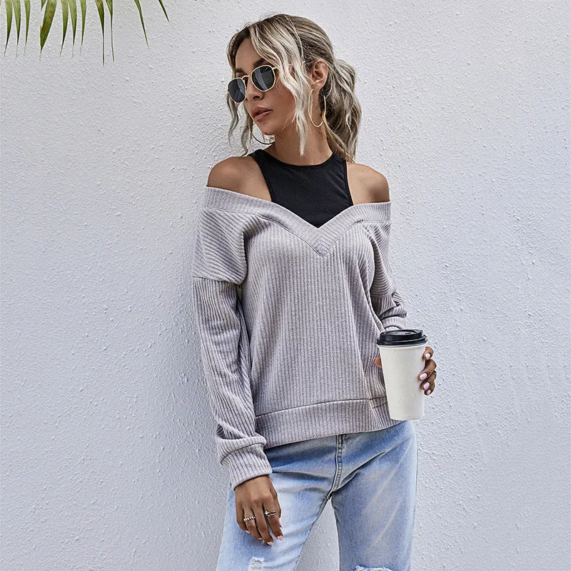 Damen Rippstrick V-Ausschnitt-Pullover mit Schulter-Cutouts und lockerem Oversize-Schnitt Nord Taschen