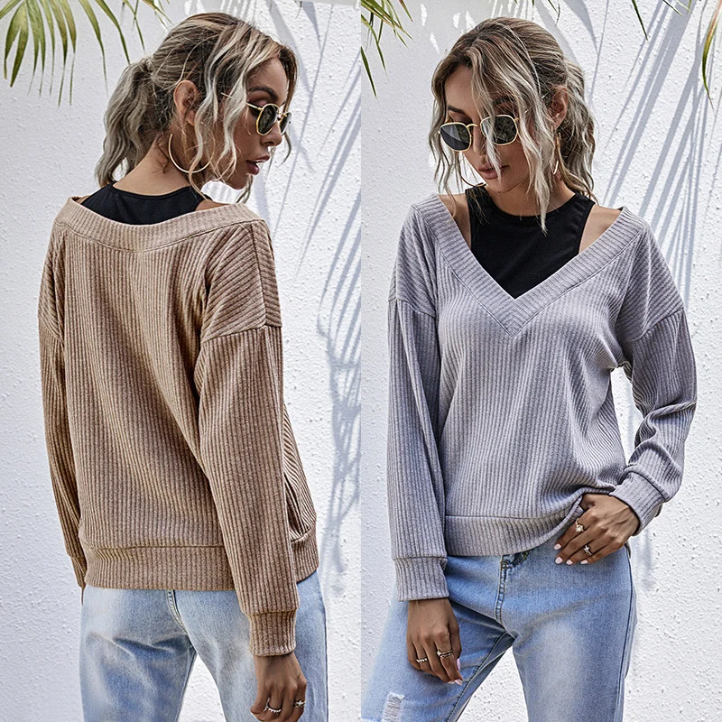 Damen Rippstrick V-Ausschnitt-Pullover mit Schulter-Cutouts und lockerem Oversize-Schnitt Nord Taschen