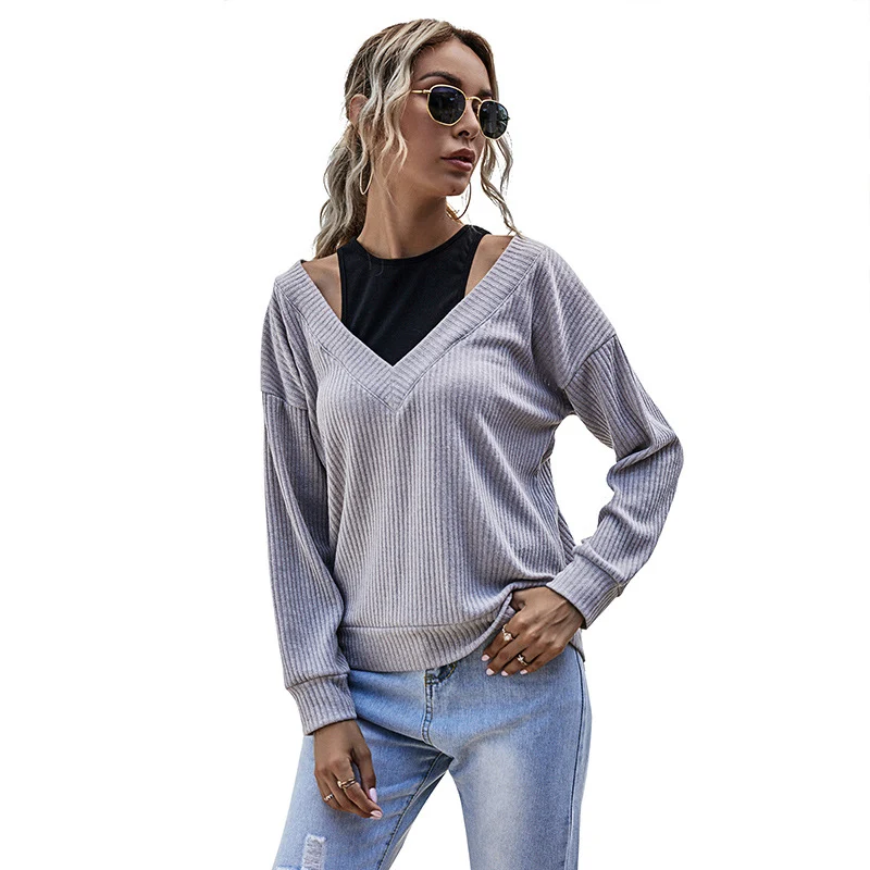 Damen Rippstrick V-Ausschnitt-Pullover mit Schulter-Cutouts und lockerem Oversize-Schnitt Nord Taschen