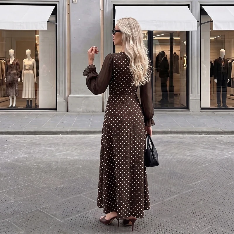 Damen Retro-inspiriertes Polka‑Dot‑Maxikleid mit quadratischem Dekolleté und transparenten Plissee‑Ärmeln Nord Taschen