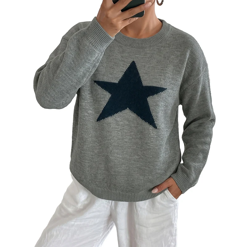 Damen Relaxed-Strickpullover mit Stern-Intarsie, Rundhalsausschnitt & lässigem Sitz Nord Taschen