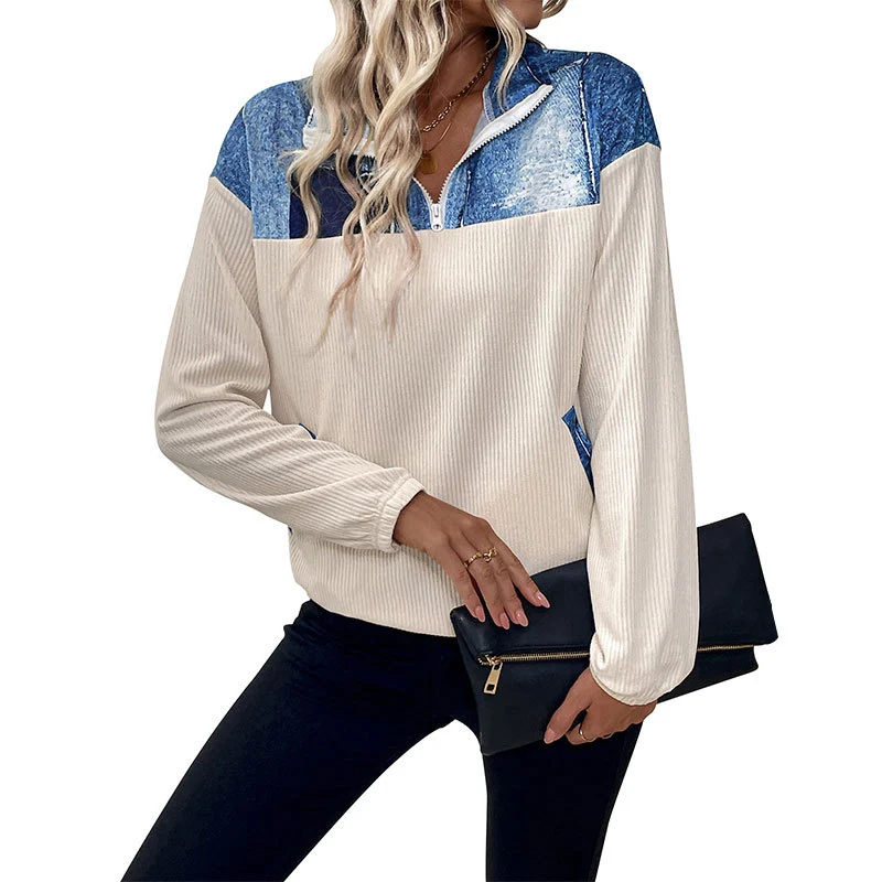 Damen Relaxed-Fit Cordstruktur-Halbzip-Pullover mit Jeans‑Optik‑Einsätzen Nord Taschen